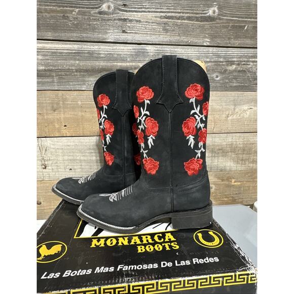 Monarca Womens Western Cowgirl Rodeo Boots Leather Square Toe Red Rose Size 9 - Picture 4 of 8